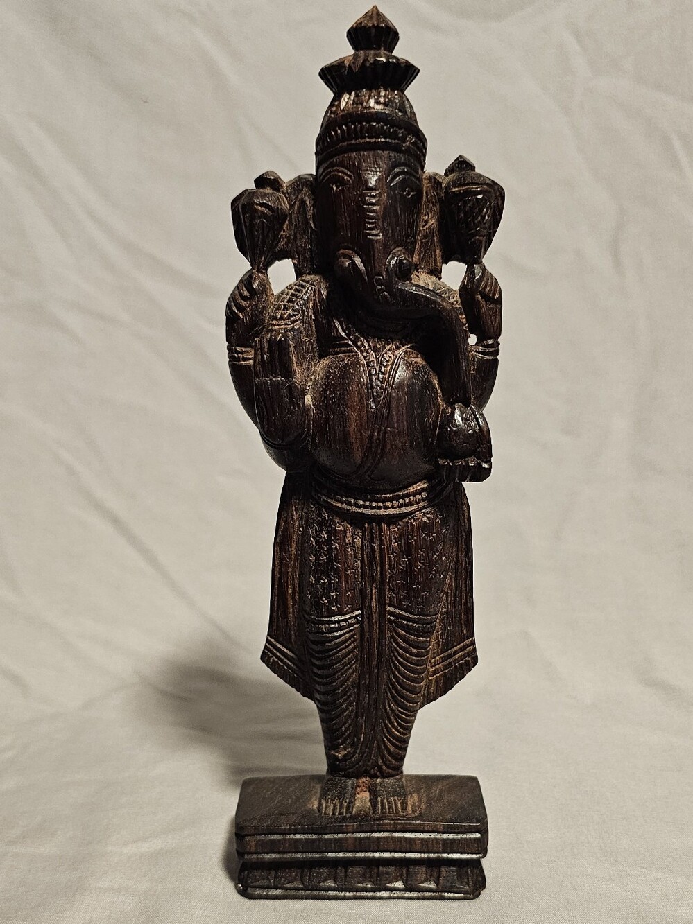 Hand-Carved Dark Brown Indian Rosewood Ganesha Sculpture - Art